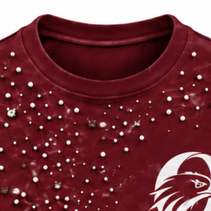 Unisex Burgundy Pearl <b>Studded</b> T <b>Shirt</b> Stylish Round Neck Short Sleeve Pearl Beaded Fashion Top for Everyday Wear and Party - Product Image 3