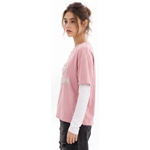 T-shirts à col en V double couche pour femmes, T-shirts en coton brodés effet vieilli à manches longues et double manches, coupe oversize - Product Image 3