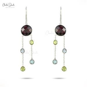 Triple Gemstone Dangle/Drop <b>Earrings</b> Peridot <b>Garnet</b> Topaz High Polish Finish Long Dangle Wedding Party Fine Jewelry Supplier - Product Image 2