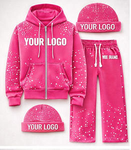 Conjunto de Sudadera con Capucha y Pantalones Deportivos de Forro Polar 100% Algodón Transpirable para Invierno, Color Rosa con Pedrería, con Cremallera, y Gorro a Juego, Estilo Urbano para Hombre - Product Image 3