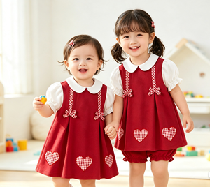 Robe pour bébé fille rouge à col Peter Pan, à carreaux, avec manches bouffantes en forme de cœur, robe décontractée pour fête d'enfants - Product Image 4