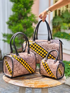 Beautiful Attractive Hand Tooled Florals Carved With Yellow Black Color Checkered Pattern 100% Genuine Leather Speedy Duffle Bag - Product Image 6