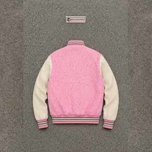 Blouson universitaire rose premium pour homme avec manches crème, col rabattu, style décontracté pour l'automne, blouson universitaire en laine de haute qualité - Product Image 6