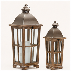 <b>Set</b> of 2 Wood and Metal Candle <b>Lanterns</b> Farmhouse Decorative <b>Lantern</b> for Wedding Centerpiece Antique Brown Wooden Candle Holder - Product Image 1