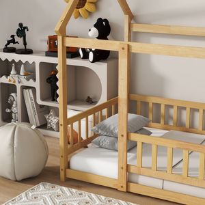 Lit en bois naturel double avec cadre de toit et barrières de sécurité, design maison sur pied - Product Image 4