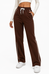 Pantalon de jogging marron pour femme, coupe droite, décontracté, jambe large, taille haute, coupe décontractée, pantalon de sport avec cordon de serrage à la taille - Product Image 1