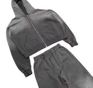 Conjunto de Sudadera con Capucha y Cremallera Completa con Pedrería Gris Lavado Estilo Vintage y Pantalones Deportivos de Pierna Ancha - Product Image 5