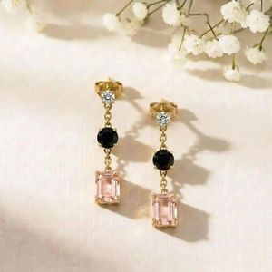 Handmade Morganite & <b>Black</b> Obsidian <b>Earrings</b> CZ Accent Rectangle Drop <b>Stud</b> Minimalist Gemstone Jewelry Gift For Her - Product Image 4
