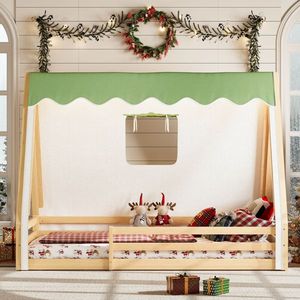 Letto a terra Montessori in legno massello per bambini, con tenda, luci e sponde di sicurezza a tutta lunghezza, design a casetta e tenda da campeggio - Product Image 2