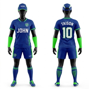 ชุดฟุตบอลชาย เสื้อเจอร์ซีย์โพลีเอสเตอร์ 140 GSM พรีเมียม แห้งเร็ว ไม่หดตัว แขนสั้น สีน้ำเงินเขียว พิมพ์ลายดิจิตอล พร้อมโลโก้ทีม - Product Image 1