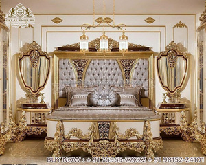 Cama King Size Personalizable con Marco de Madera de Teca Dorada Real, Estilo Barroco Moderno, Muebles de Dormitorio de Lujo para Casa/Villa - Product Image 2