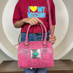 Bolso de cuero repujado estilo western Speedy, rosa floral, hecho a mano, estilo vaquera, con concho turquesa, de cuero de vaca, para moda femenina - Product Image 4