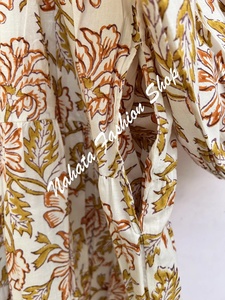 Nouveauté Robe longue en coton imprimé de fleurs dorées et rouges pour femmes, manches 3/4 avec cravates en coton, mini robe d'été pour femmes - Product Image 4