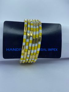 Handmade Brass Bangle Set of 6 yellow and White Polka Dot & Striped <b>Resin</b> Inlay Bracelets Stackable Geometric Statement Jewelry - Product Image 3