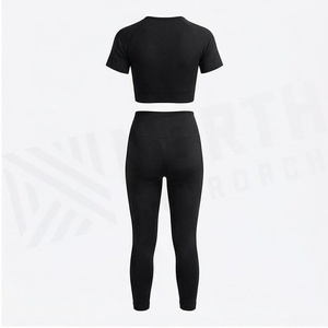 Ensemble de yoga 2 pièces North Approach, haut court noir uni, leggings taille haute, tissu respirant, sans couture, vêtements de sport pour femmes - Product Image 2