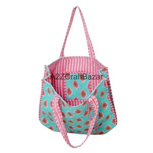 Handmade Quilted Cotton Tote <b>Bag</b> with Long Handle Striped Pattern Indian Craftsmanship Rajasthan for Women-Groceries Daily Use - Product Image 6