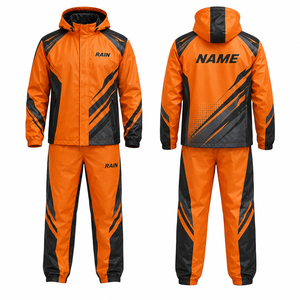MEGAMAPLE Men's Waterproof Sporty Hooded Rain Suit Orange <b>Black</b> Geometric Print PU Coated Zipper Closure <b>Fleece</b> Lined Breathable - Product Image 1