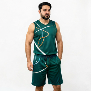 Men's Geometric Print Tank Top And Shorts <b>Set</b> V-Neck Quick Dry <b>Knitted</b> Polyester Sporty Summer Outfit - Product Image 1