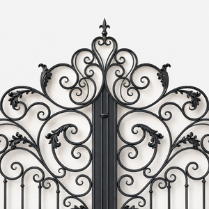 Elegante puerta doble de hierro forjado negro con ornamentación floral y diseño clásico de entrada residencial de lujo. - Product Image 3