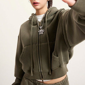 Women's Olive <b>Green</b> Hooded Sweatshirt Long Sleeve Knitted Oversized <b>Crop</b> <b>Top</b> With Zipper Pocket Autumn Wear - Product Image 6