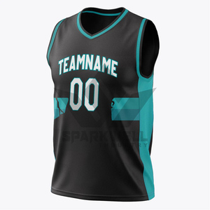 Maillot de basketball personnalisé avec nom d'équipe 00, imprimé par transfert thermique, col en V, maille courte, unisexe adulte, noir et turquoise, respirant, antibactérien - Product Image 1
