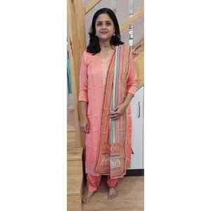Combinaison en coton Chanderi corail avec dupatta - Product Image 1