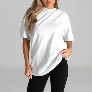 T-shirt ample à col rond et manches courtes pour femme, 100 % coton, coupe décontractée, couleur unie, respirant, tricoté, style épaules tombantes - Product Image 2