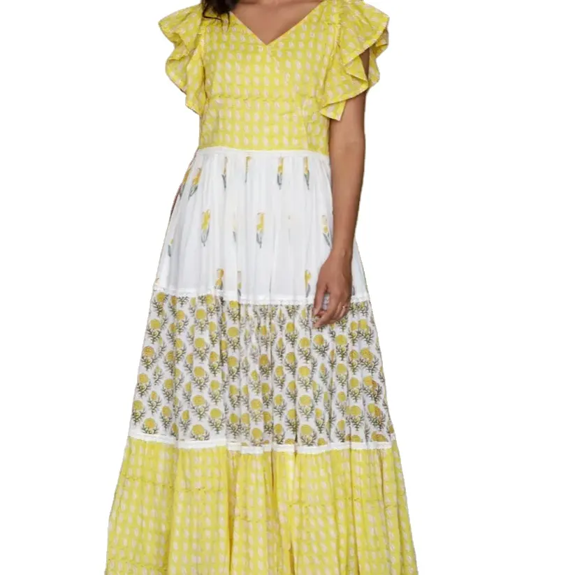 Lemon Flora Boho Tiered Maxi Casual Dress para mujer cuello cerrado Vestido de mujer de algodón de fabricante y exportador indio