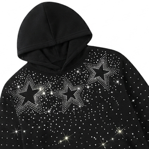 Sweat à capuche personnalisé avec étoiles en strass pour homme, en coton épais, motif diamant scintillant, noir, coupe oversize, style Y2K punk streetwear - Product Image 3