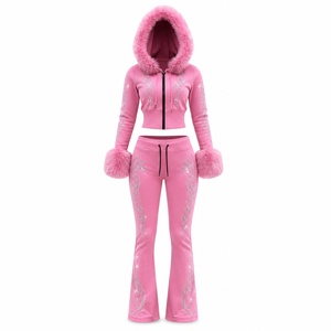 Conjunto de chándal de dos piezas personalizado para mujer con capucha de piel, sudadera con cremallera y pedrería, pantalones acampanados, estilo casual y cómodo para unisex. - Product Image 4