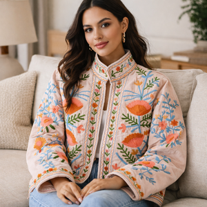 Cream Embroidered Bomber Jacket Orange Blue Floral Needle <b>Work</b> Coat <b>Stand</b> Collar Long Sleeves Women Casual Wear Masterpiece - Product Image 4