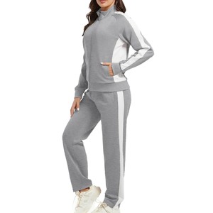 Women's Sporty <b>2</b> <b>Piece</b> Tracksuit <b>Set</b> Full Sleeve Color Blocked Turtleneck Zipper Top with Side <b>White</b> Stripe Pants Regular Fit - Product Image 4