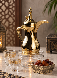 Cafetière en métal de style moyen-oriental avec finition dorée et design orné, résistante à la chaleur, Alabanza Enterprises, pour la préparation du thé - Product Image 3