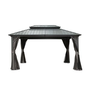 Gazebo in Alluminio con Tetto Rigido 10' X 12', Tetto Doppio in Acciaio Zincato, Tenda e Rete, Pergola Permanente - Product Image 1