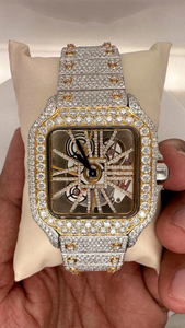 Montre squelette de luxe en moissanite VVS, entièrement sertie, bicolore or, mouvement mécanique, boîtier carré, chiffres romains, bijoux hip-hop - Product Image 2