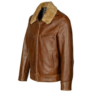Chaqueta marrón Chaqueta de cuero de vaca con cuello de piel real Classic Ranger Chaqueta para hombre Chaqueta con cremallera - Product Image 3