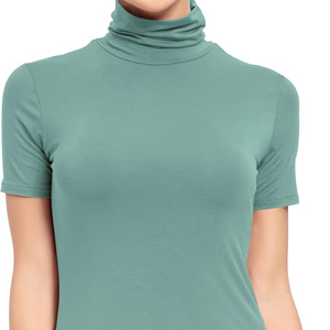 Haut décontracté à col roulé et manches courtes pour femme, en jersey uni, coupe classique, respirant, en coton biologique, été, avec logo vert - Product Image 1