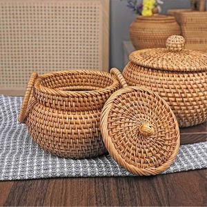 Panier de rangement en rotin naturel rond avec couvercle, panier en osier multi-usages, fabriqué au Vietnam - Product Image 5