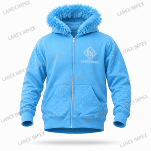 เสื้อแจ็คเก็ตมีฮู้ดประดับเพชรพลอยสีฟ้าสำหรับผู้ชาย พร้อมฮู้ดขนเฟอร์เทียม แขนเสื้อและกระเป๋าประดับหมุด ซิปยาวเต็มตัว สไตล์แฟชั่นสตรีทแวร์ - Product Image 2