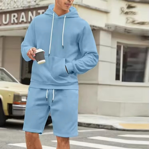 <b>Men</b> Hooded Sweatshirt With Shorts Set Solid Color Full Sleeve Drawstring Closure Regular Fit Casual Wear Breathable Summer - Product Image 2