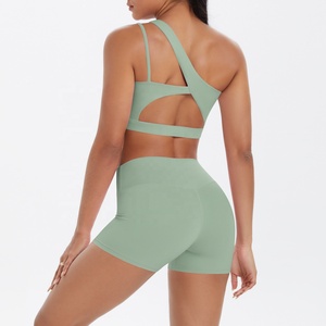 Custom 2026 Seamless One-Shoulder <b>Crop</b> <b>Top</b> High Waist Shorts 2 Piece Yoga Set Asymmetric Solid Green Activewear - Product Image 3