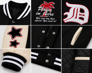 Veste de baseball Varsity pour homme, noire, style bomber, manches contrastées, col et poignets côtelés, boutons pression, logo personnalisé, streetwear - Product Image 6