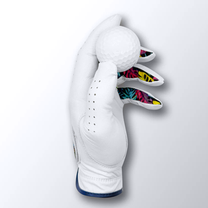 Gant de golf à imprimé feuilles tropicales, toucher cuir blanc doux, côtés des doigts colorés, perforations respirantes, main gauche, homme, sport - Product Image 3