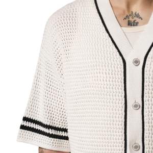 Chemise de baseball en tricot crocheté pour homme, manches courtes, boutonnée, avec bordure rayée, décontractée, pour l'été, vente en gros OEM - Product Image 4