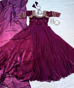 Robe longue ethnique pour femme en viscose violette, style Lehenga Choli, avec broderie au col, légère, vintage, pour mariage, Inde, Pakistan, ABC- - Product Image 3