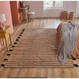 Handcrafted Jute Area Rug Striped Pattern Black Tassels Bohemian Style Flat Weave Rectangle Living Room Decor - Product Image 5