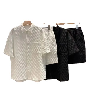 Costume d'été ample pour hommes Chemise à manches courtes en treillis + short Style britannique Costume décontracté deux pièces Jogger Outfit Tracksuit - Product Image 4