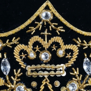 Handmade Gold Bullion Wire Embroidered Patch Crown Moon Bead Velvet - Product Image 3