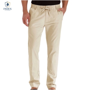 Pantalones Casuales de Algodón Color Caqui para Hombre, Marca Index Apparel, Cintura Elástica con Cordón, Corte Recto, Bolsillos Laterales, para Verano - Product Image 1