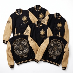 Chaqueta universitaria al por mayor, color gris carbón, cuerpo de lana, mangas de cuero color canela, diseño de esfera celestial, medición orbital, abrigo Letterman de astronomía - Product Image 4